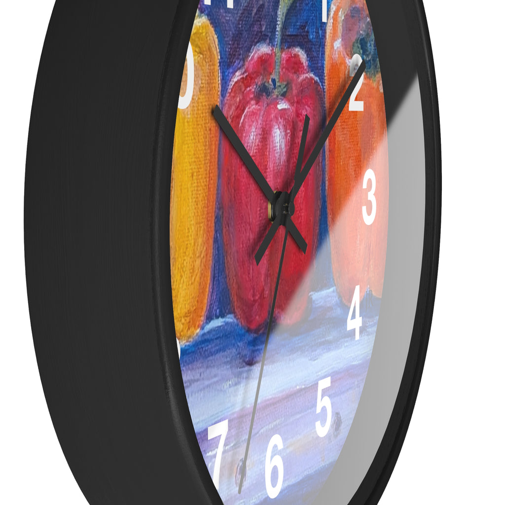 Three Peppers Still Life Wall Clock — Colorful Kitchen Art Clock