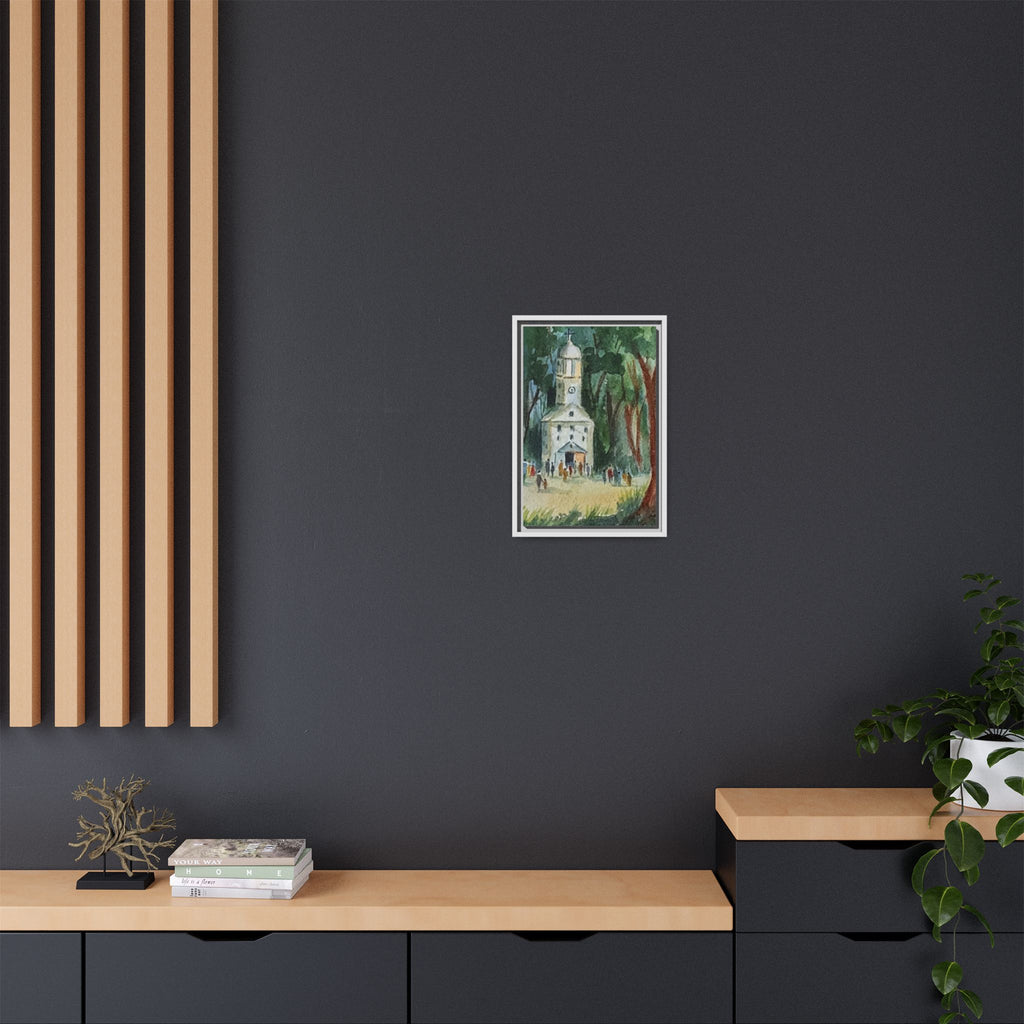 Framed Matte Canvas Print — Watercolor Church in Woodland Scene