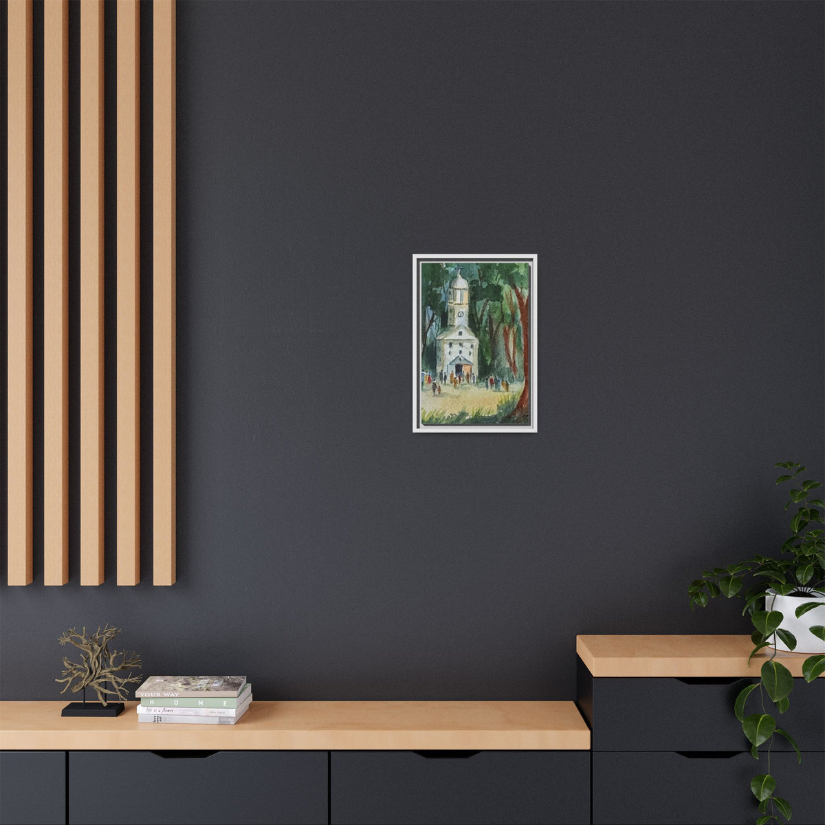 Framed Matte Canvas Print — Watercolor Church in Woodland Scene