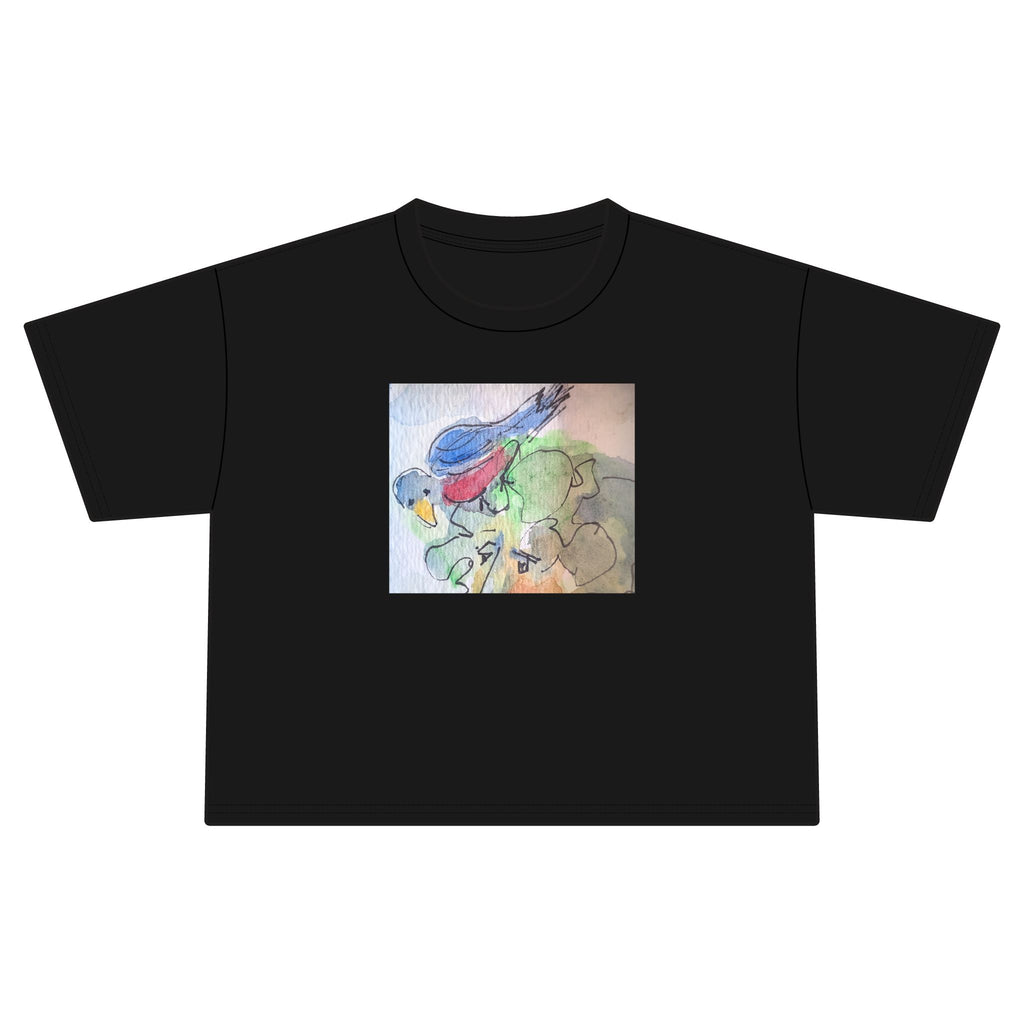 Women's Jersey Crop Tee Bird on head, Frt. Back, sleeves