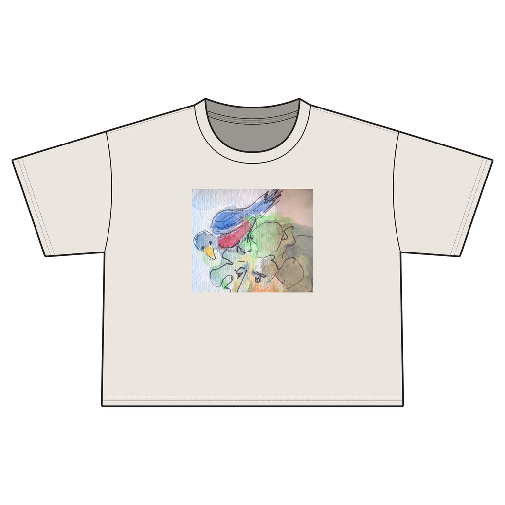 Women's Jersey Crop Tee Bird on head, Frt. Back, sleeves