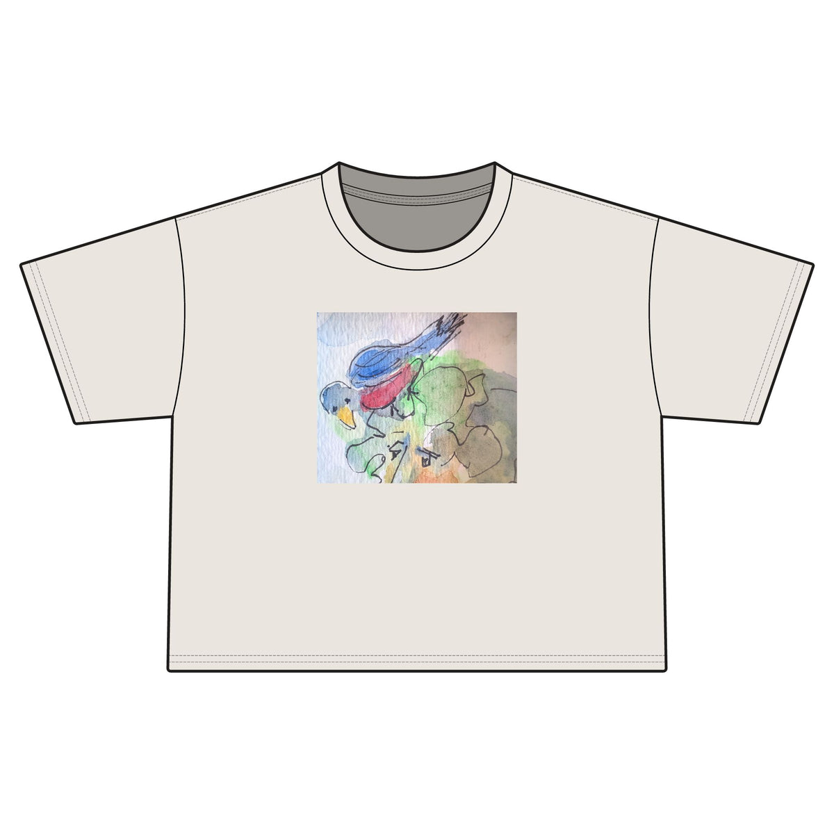 Women's Jersey Crop Tee Bird on head, Frt. Back, sleeves