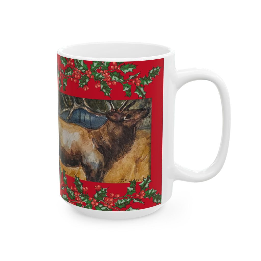 Rustic Elk Painting Christmas Mug | Holiday Holly Border Ceramic Mug