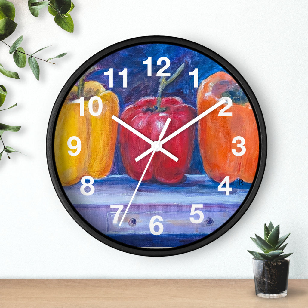 Three Peppers Still Life Wall Clock — Colorful Kitchen Art Clock