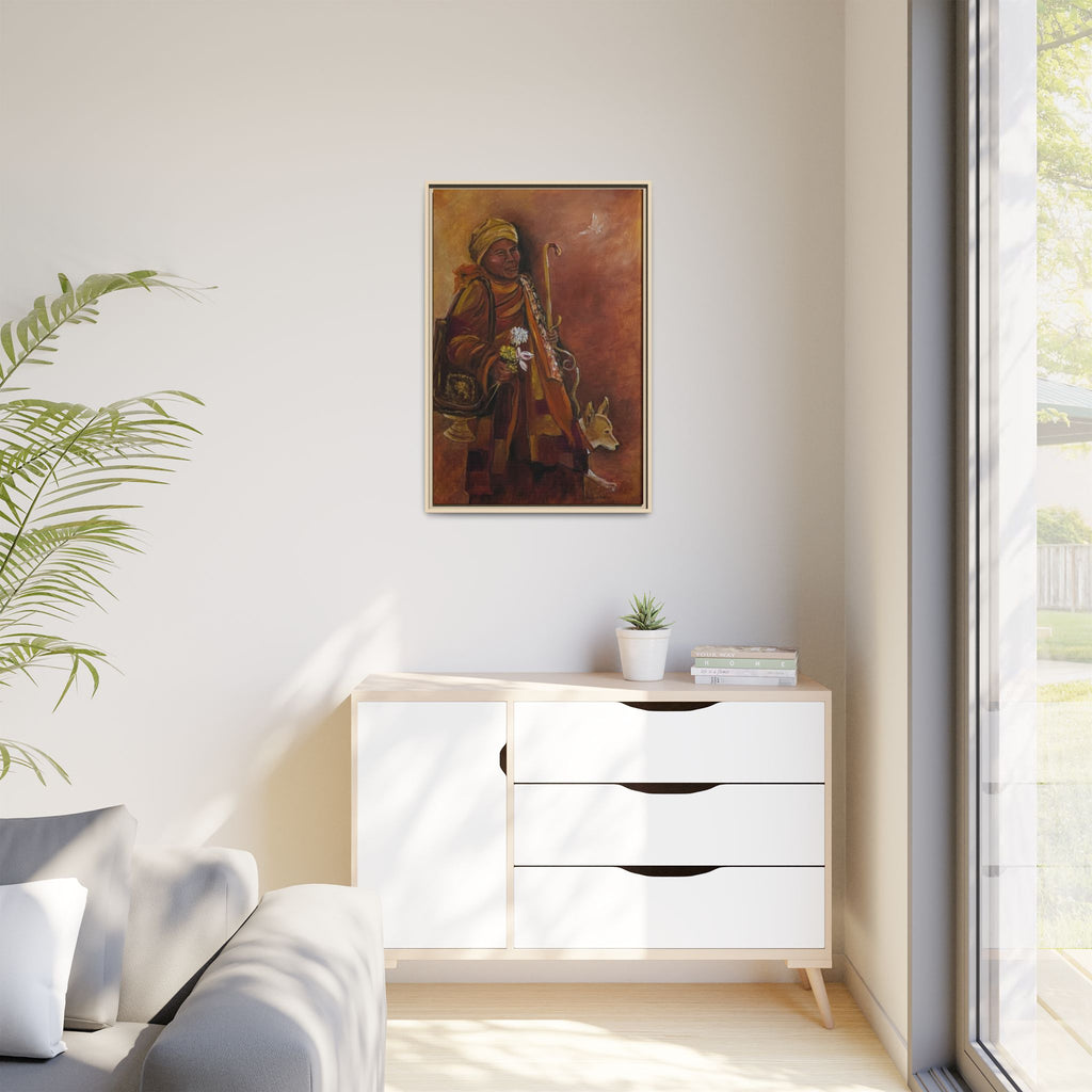 Monk & Dog & Dove Matte Canvas Framed | Earth Tone Wall Art