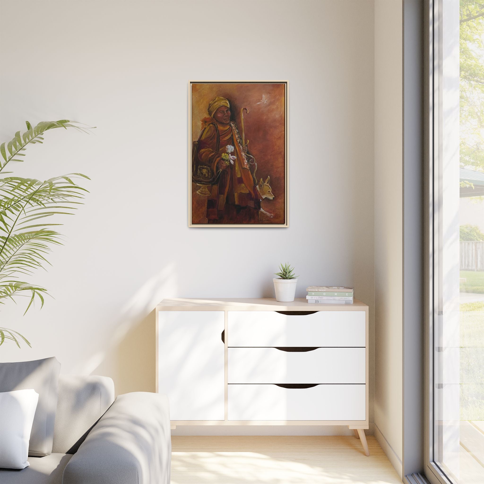 Monk & Dog & Dove Matte Canvas Framed | Earth Tone Wall Art
