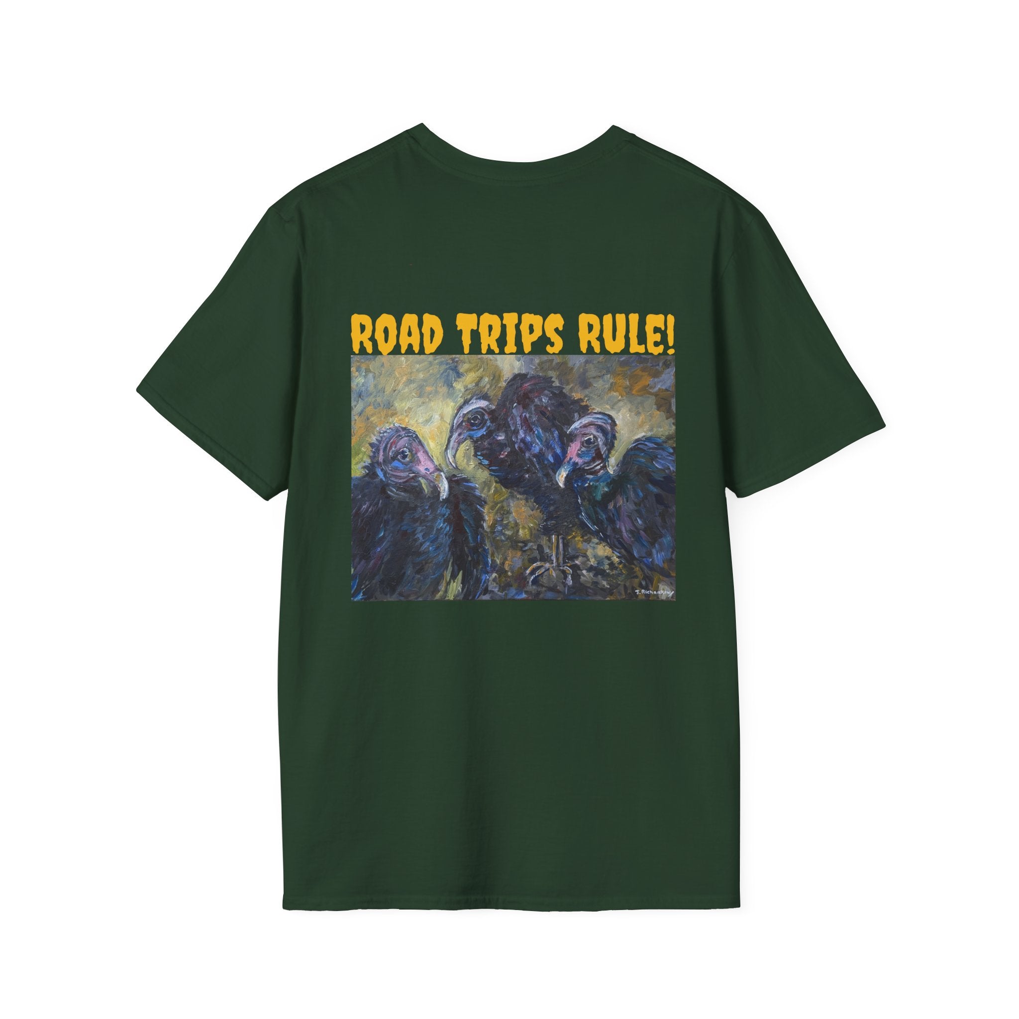 Trio of Vultures unisex T-shirt Back Design, Frt. Logo