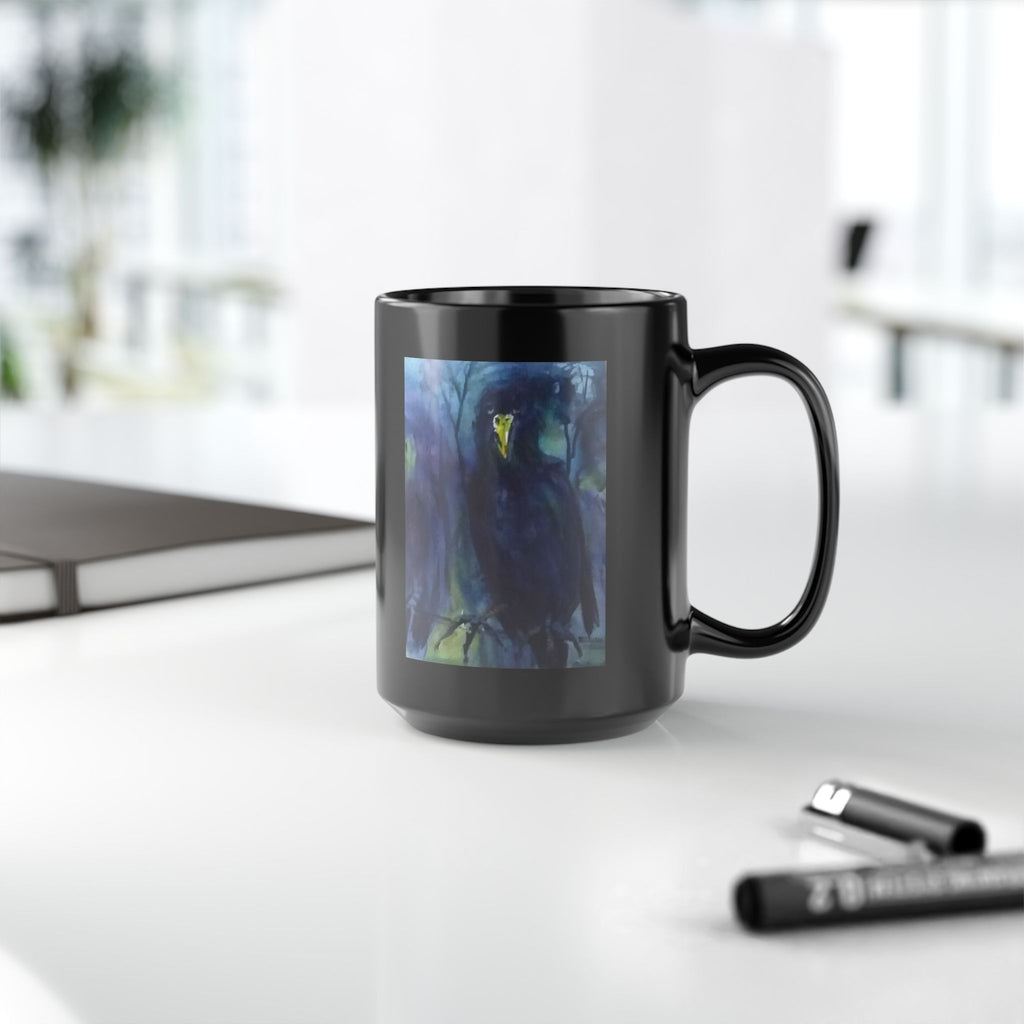 Dark Raven Watercolor Black Mug | Personalizable Gothic Bird Art, Night Forest
