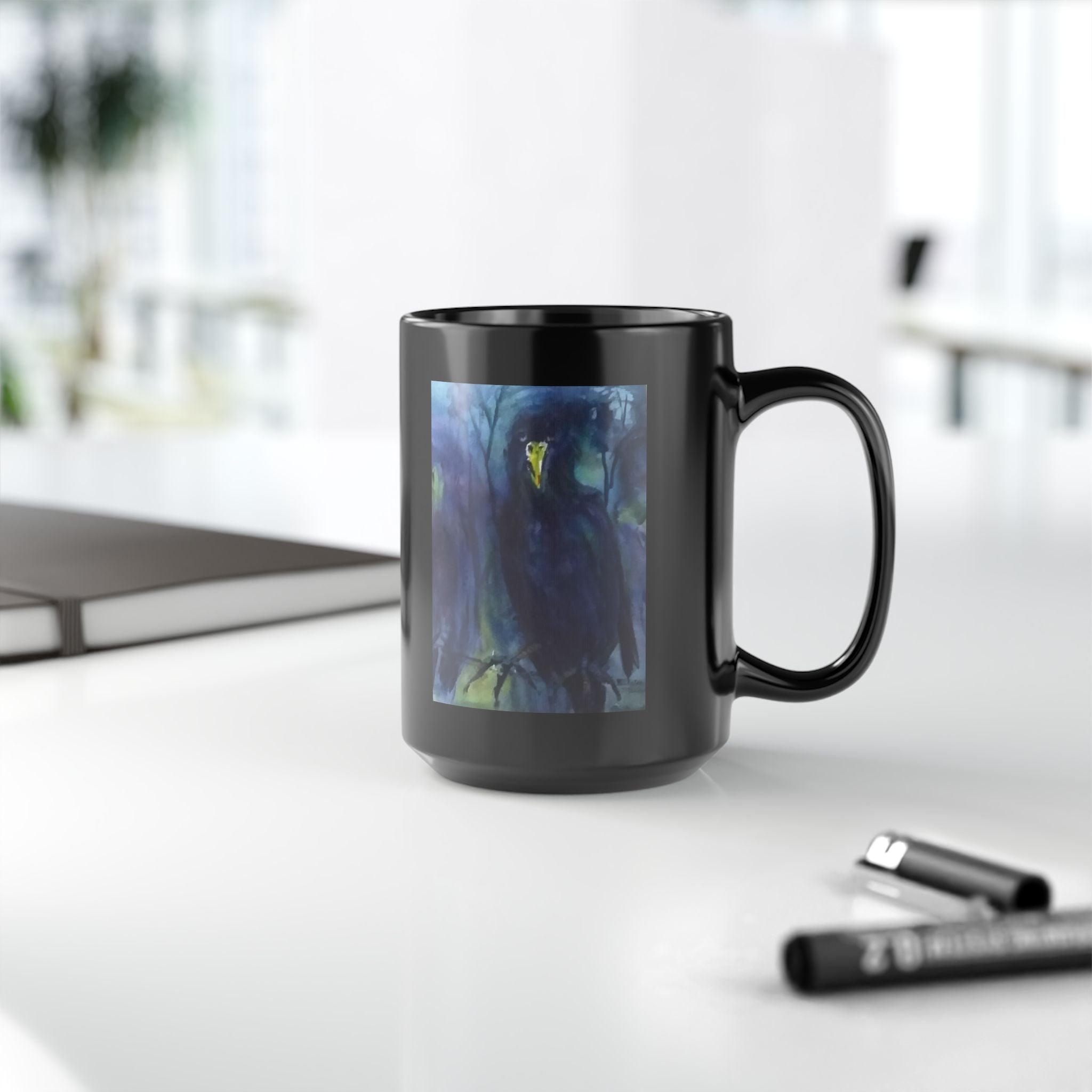 Dark Raven Watercolor Black Mug | Personalizable Gothic Bird Art, Night Forest