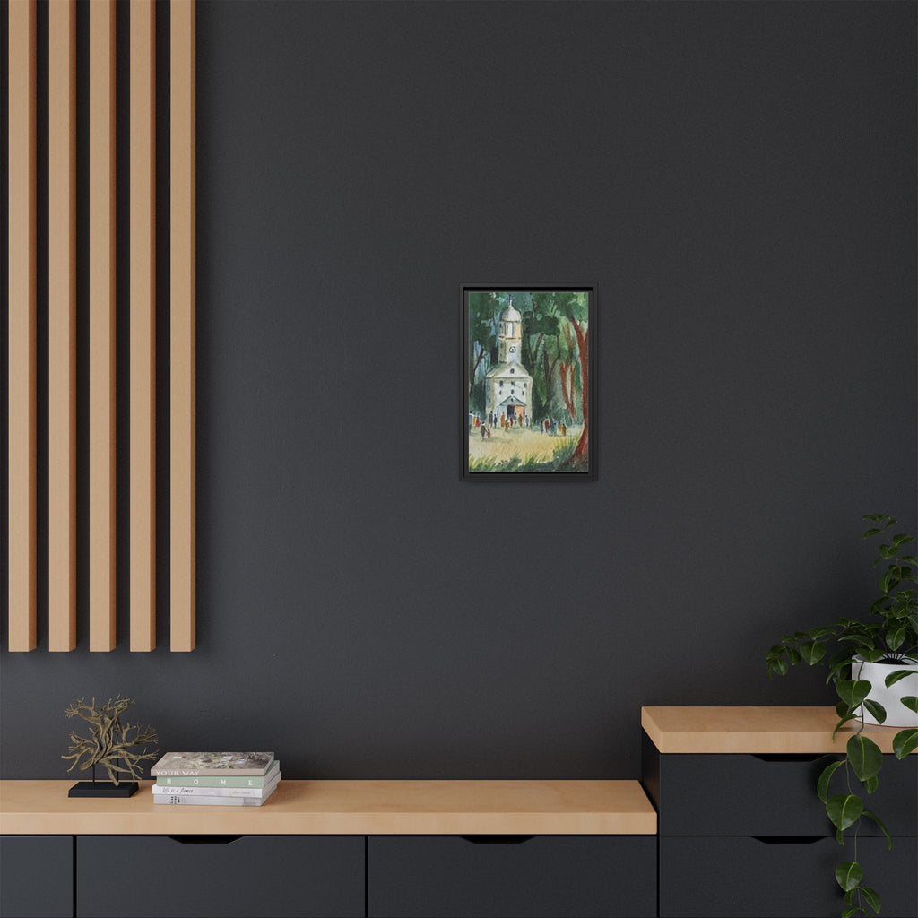 Framed Matte Canvas Print — Watercolor Church in Woodland Scene