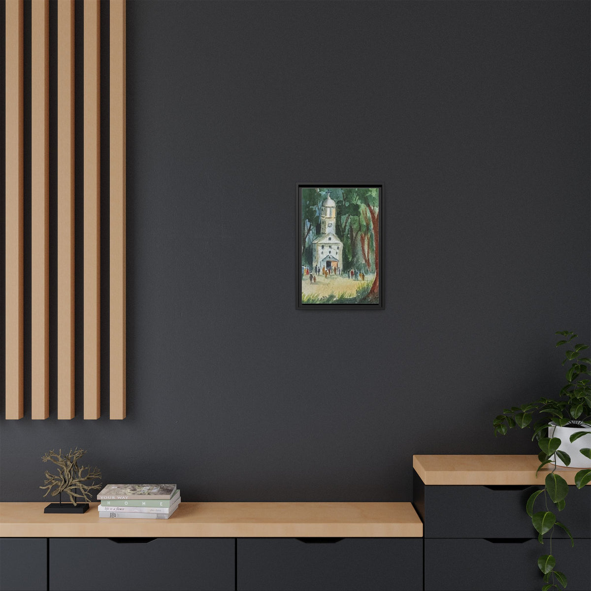 Framed Matte Canvas Print — Watercolor Church in Woodland Scene