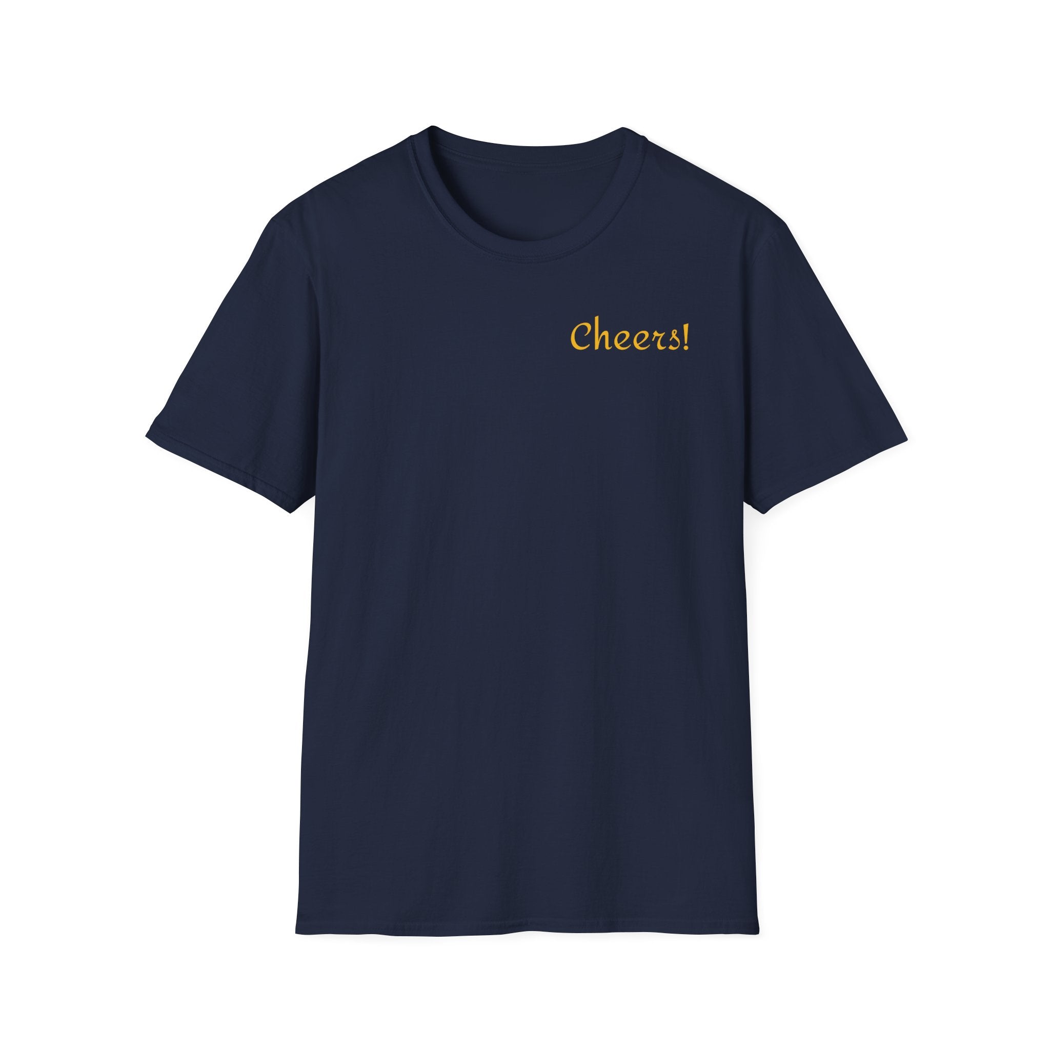 Cheers cocktail Unisex T Shirt, back design, "Cheers' script front