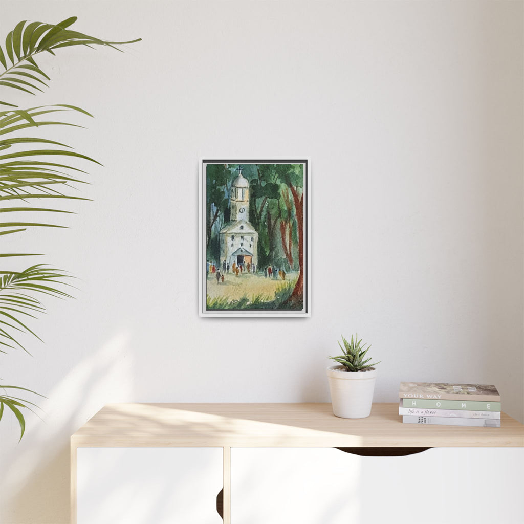 Framed Matte Canvas Print — Watercolor Church in Woodland Scene