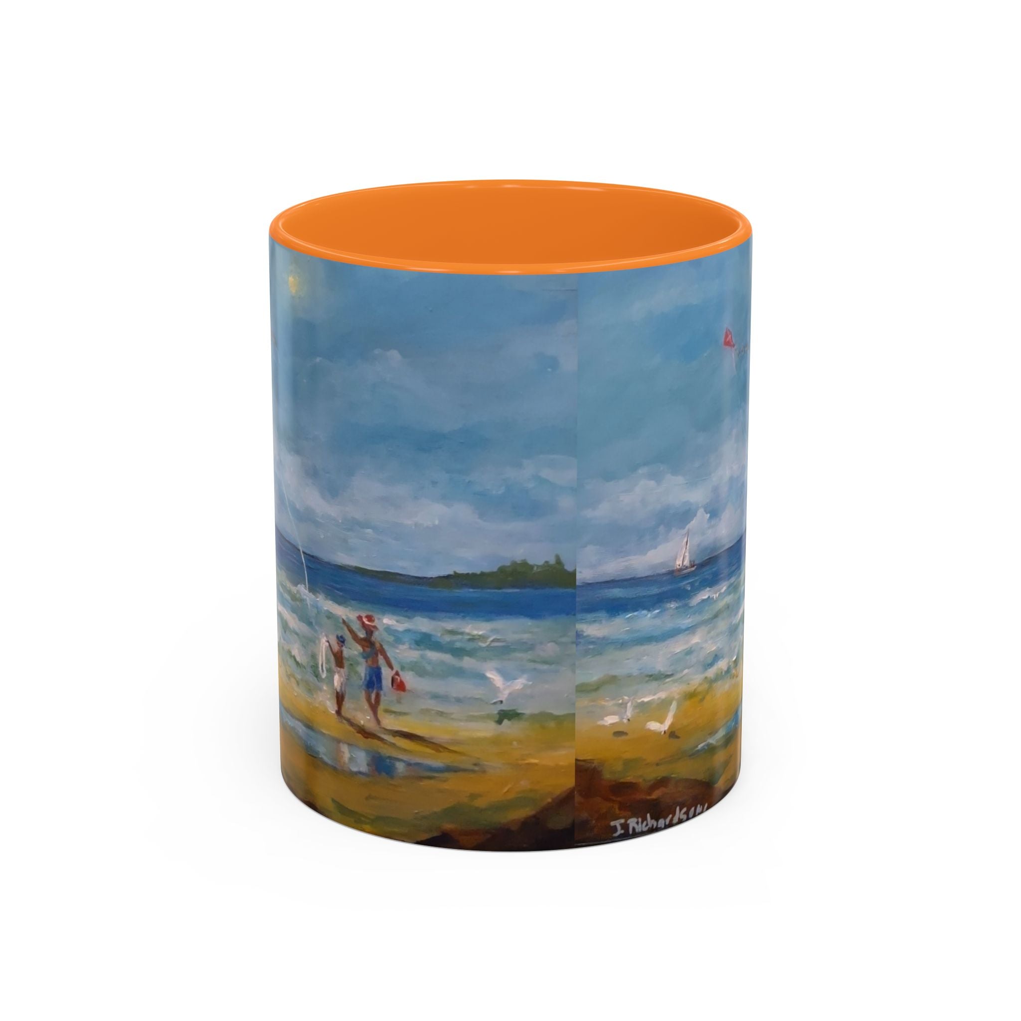 Beach & kite scene, Coffee Accent Mug - Personalize it! Colorful Ceramic Mug (11oz, 15oz)