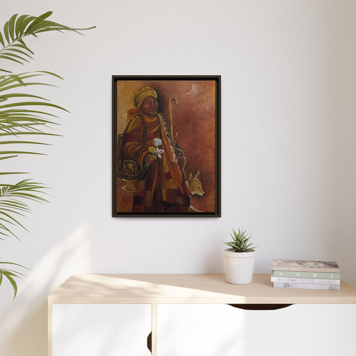 Monk & Dog & Dove Matte Canvas Framed | Earth Tone Wall Art