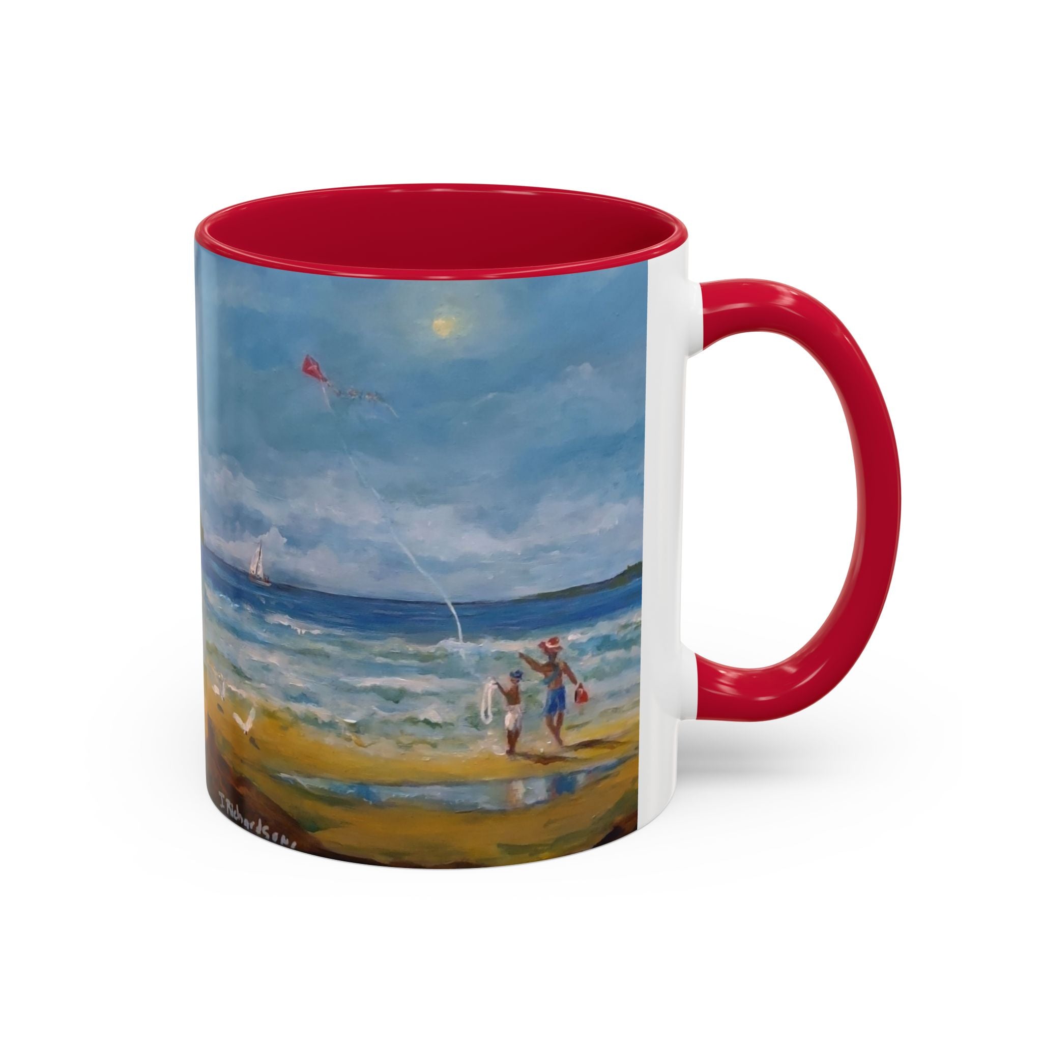 Beach & kite scene, Coffee Accent Mug - Personalize it! Colorful Ceramic Mug (11oz, 15oz)