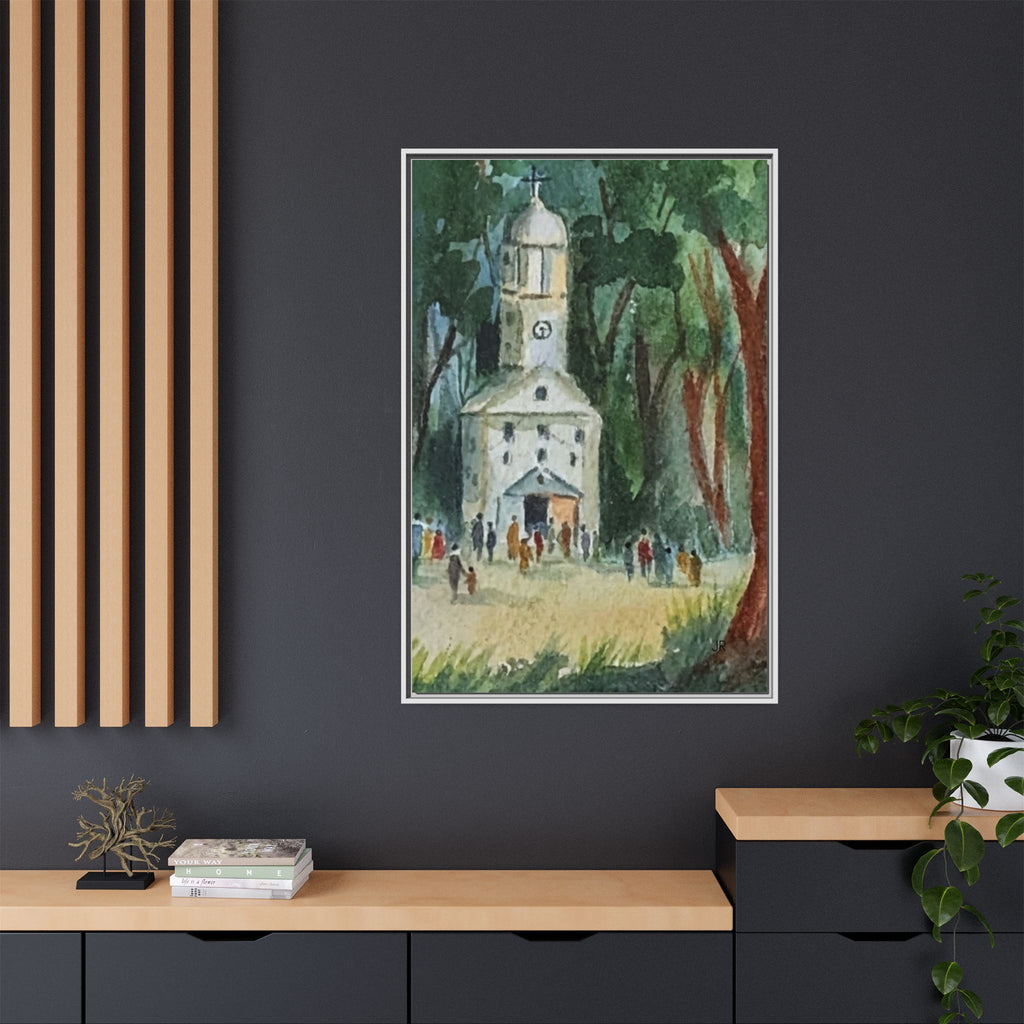Framed Matte Canvas Print — Watercolor Church in Woodland Scene