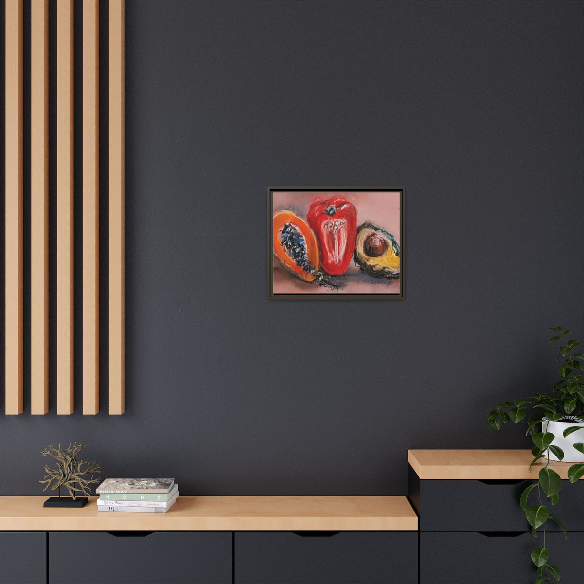 Framed Matte Canvas Art — Vibrant Still Life: Papaya, Red Pepper & Avocado