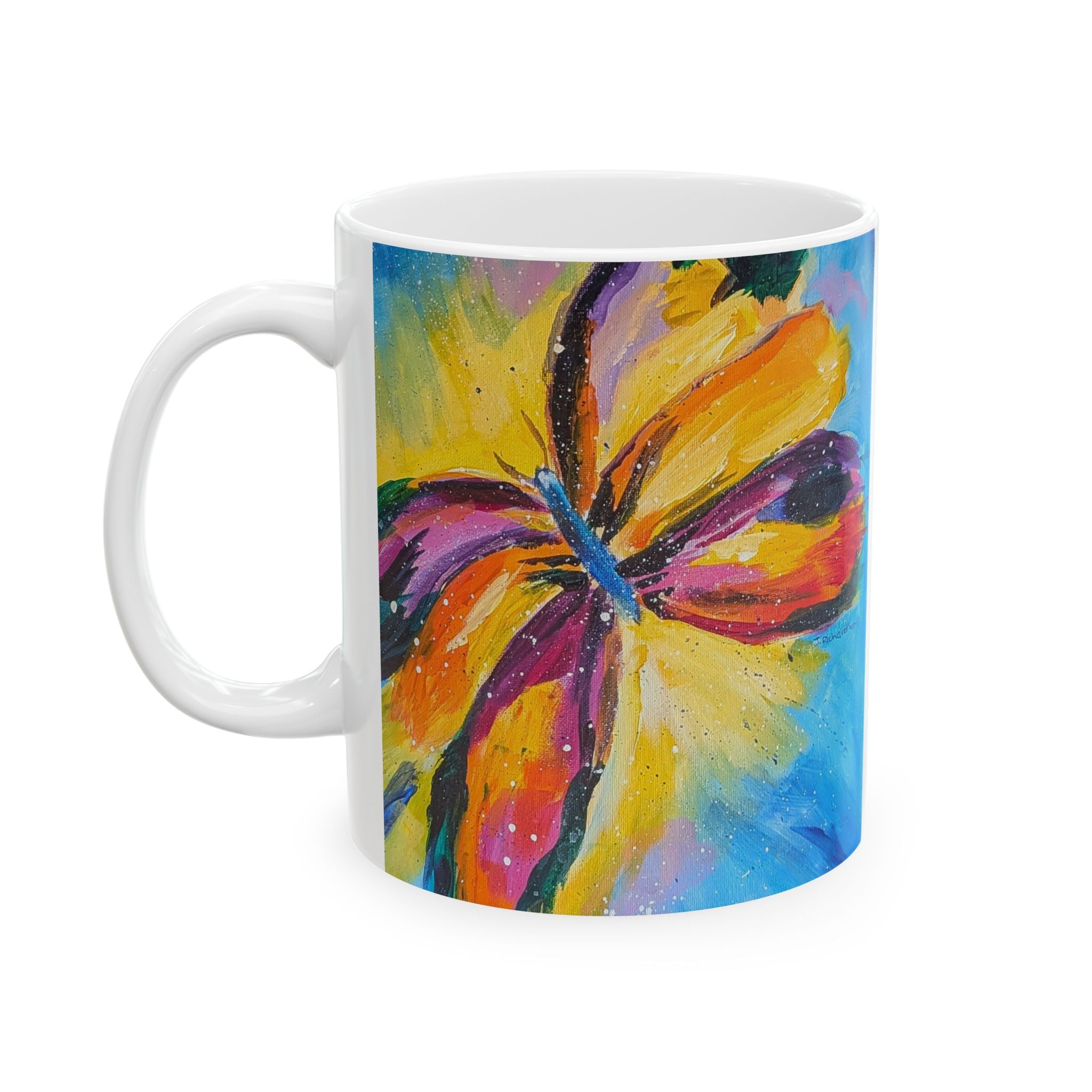 Colorful Butterfly Ceramic Mug — Vibrant Painted Flower Coffee Cup (11oz & 15oz)