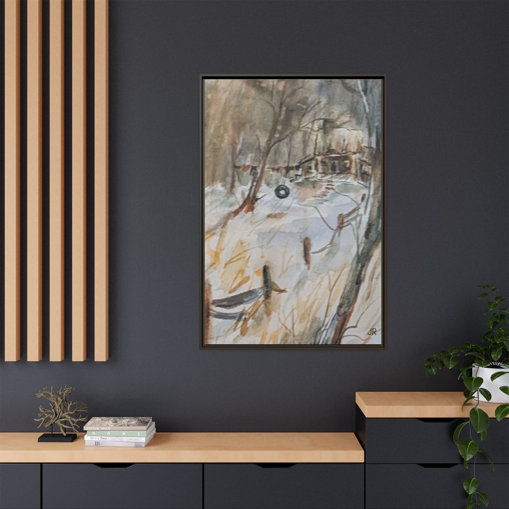 Winter Cabin Landscape Framed Canvas Print