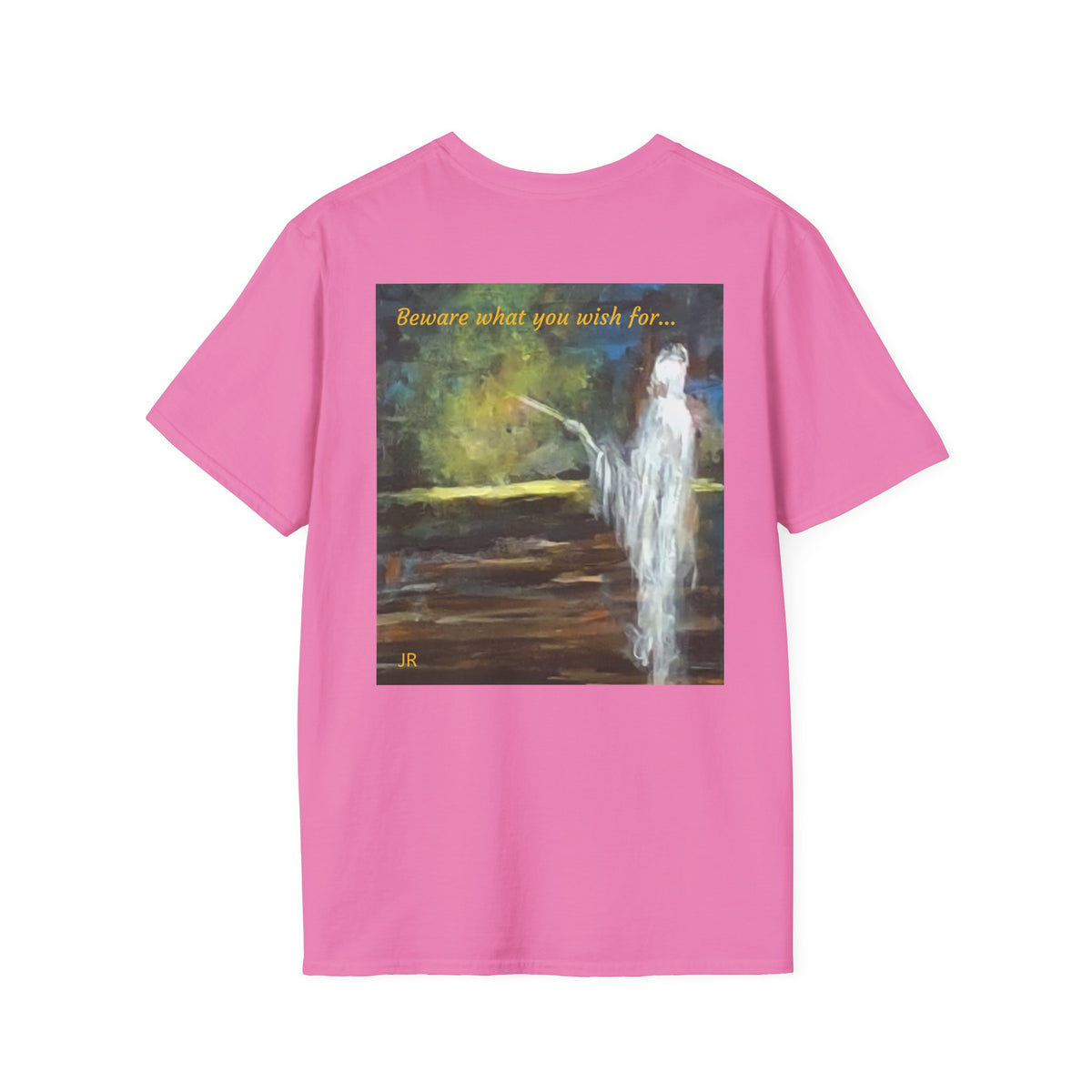 Ghostly Figure Makes Wishes Back Print T-Shirt | Minimal Script Logo