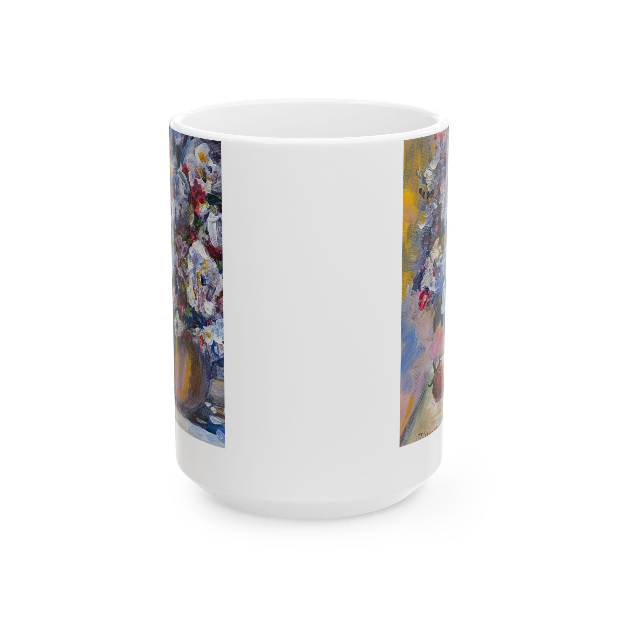 Floral + Strawberry Still Life Ceramic Mug – Impressionist Bouquet Coffee Cup (11oz & 15oz)