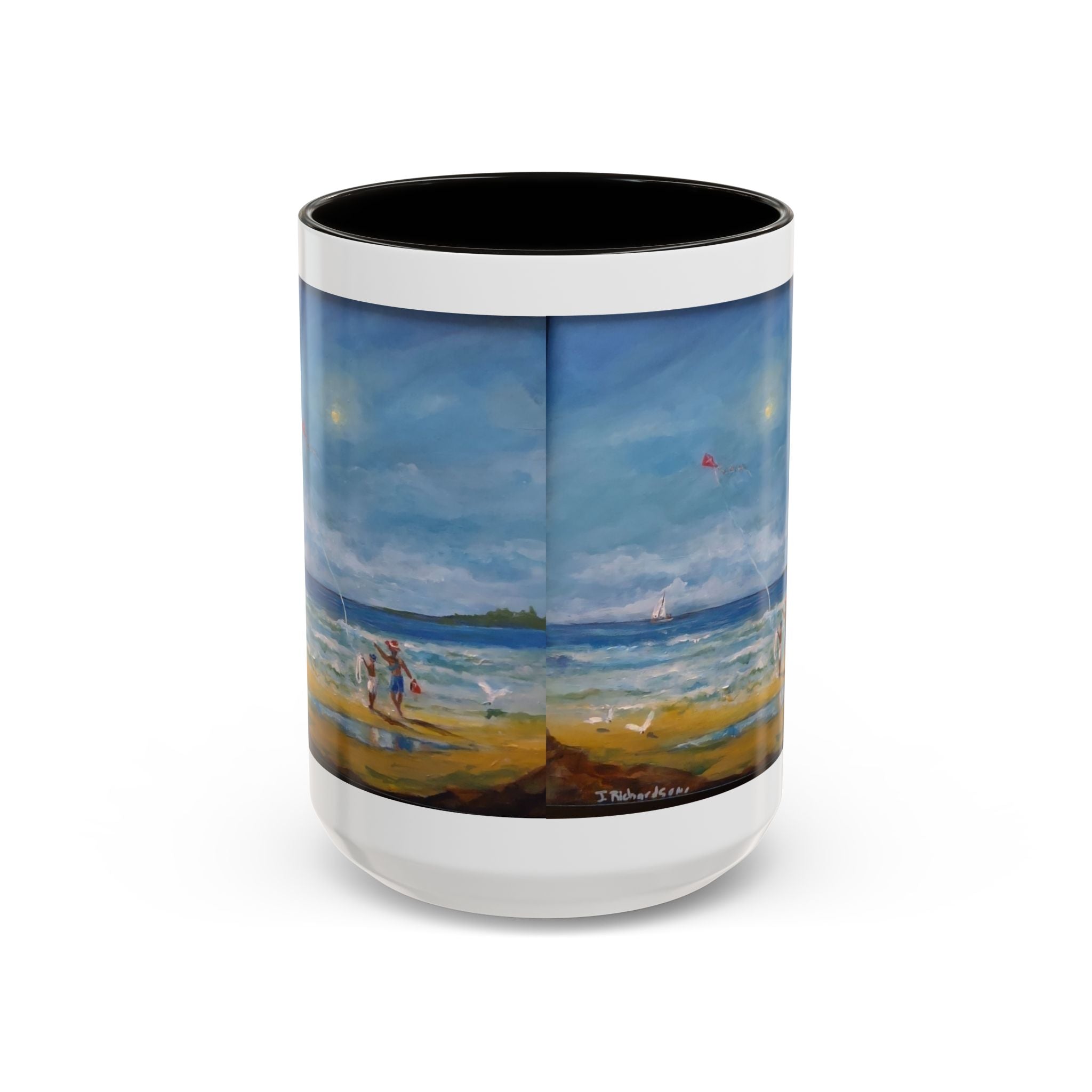 Beach & kite scene, Coffee Accent Mug - Personalize it! Colorful Ceramic Mug (11oz, 15oz)