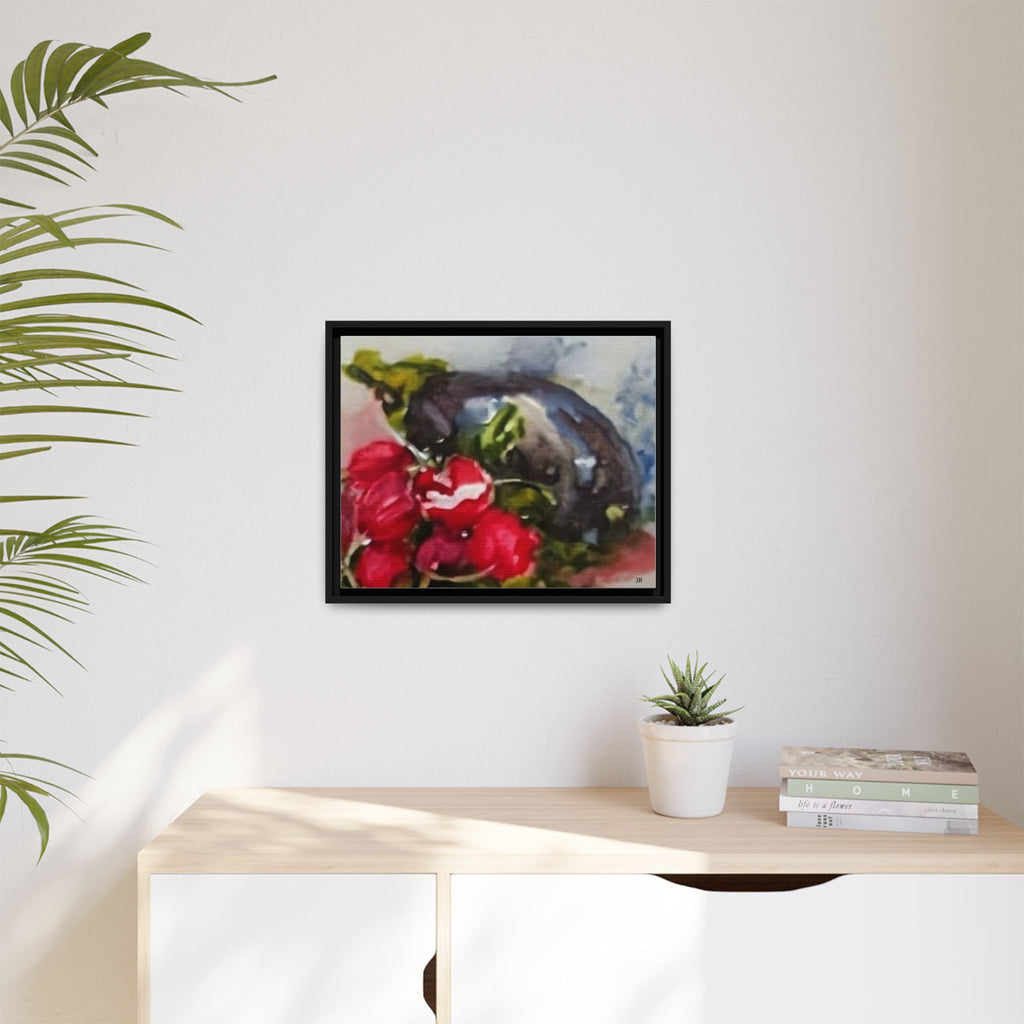 Ripe Eggplant and Red Radishes Canvas Framed Matte Canvas | Still Life Kitchen Wall Art