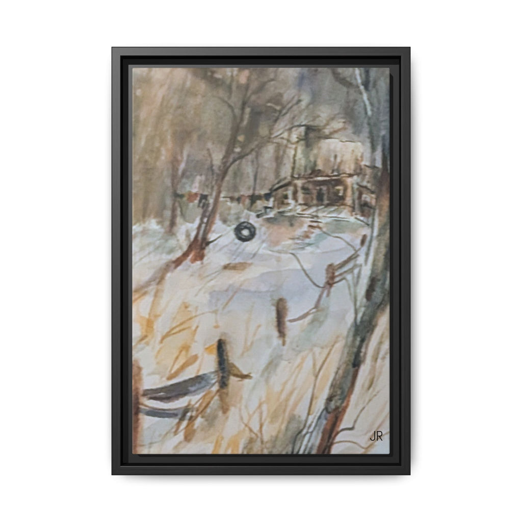 Winter Cabin Landscape Framed Canvas Print