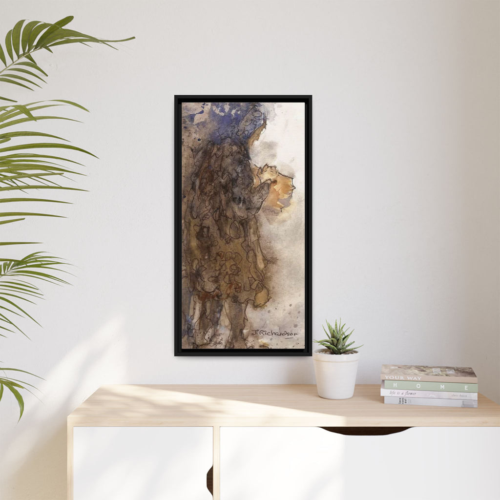Framed Matte Canvas — "Left Behind Homeless Woman" Watercolor Abstract (Earth Tones)