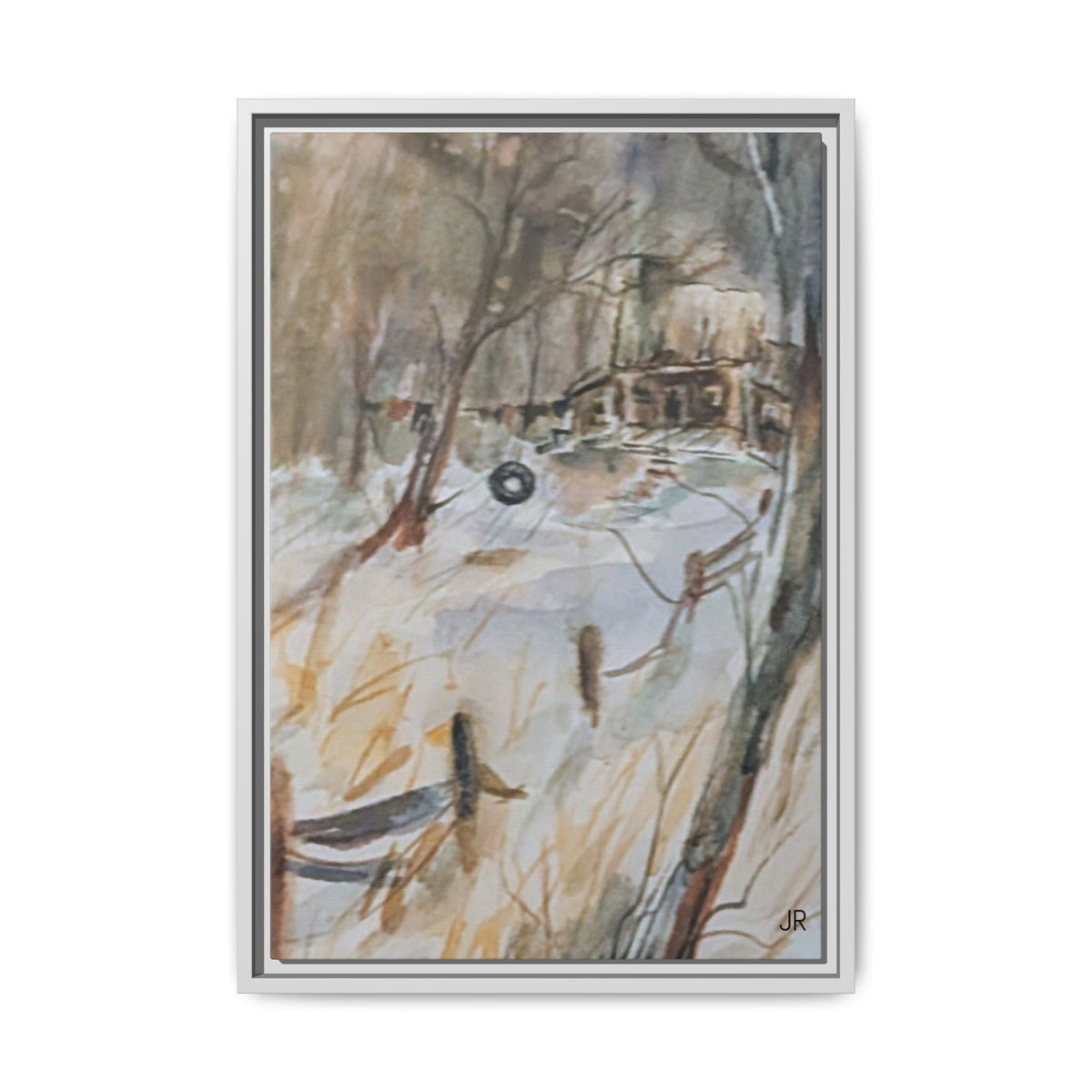 Winter Cabin Landscape Framed Canvas Print