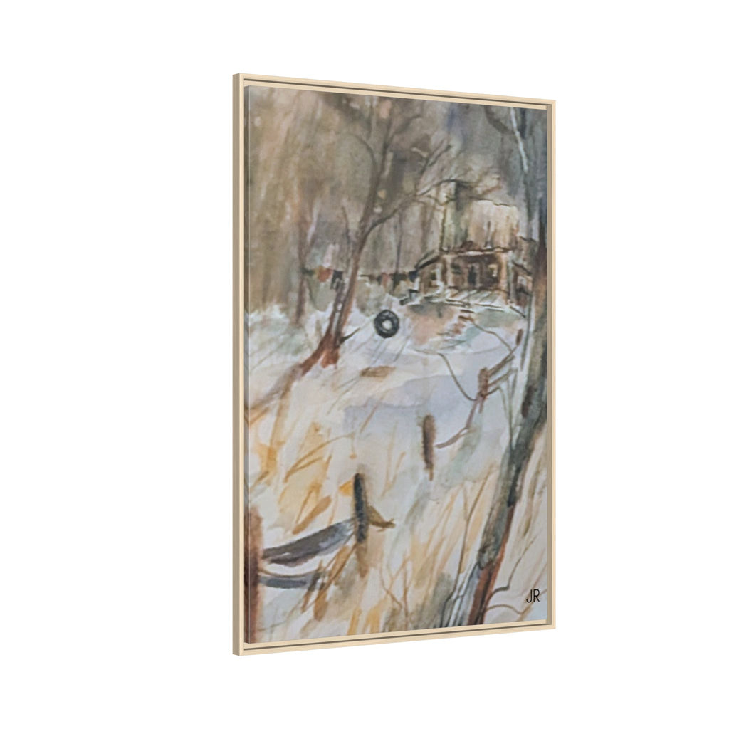 Winter Cabin Landscape Framed Canvas Print