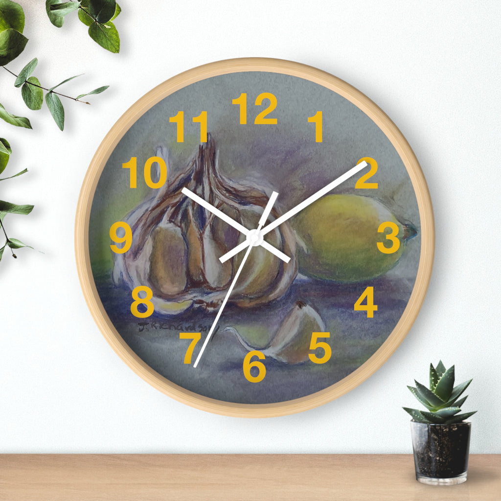 Garlic & Lemon Kitchen Wall Clock — Still Life Food Art Home Decor