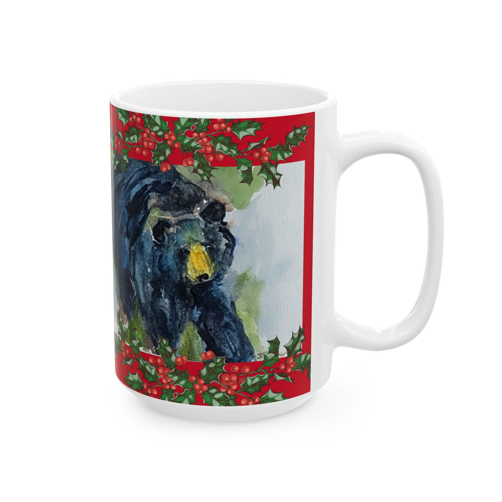Black Bear Christmas Holly Border Mug | Festive Holiday Coffee Cup