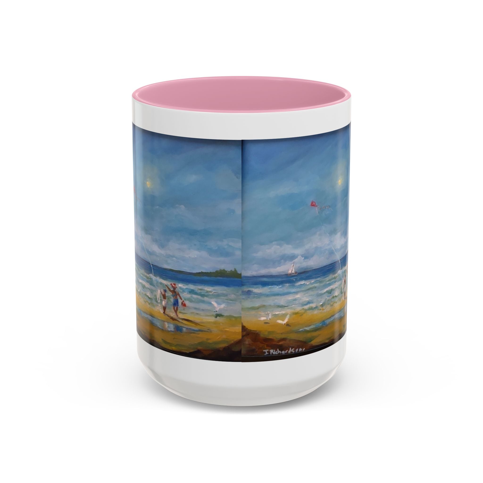 Beach & kite scene, Coffee Accent Mug - Personalize it! Colorful Ceramic Mug (11oz, 15oz)