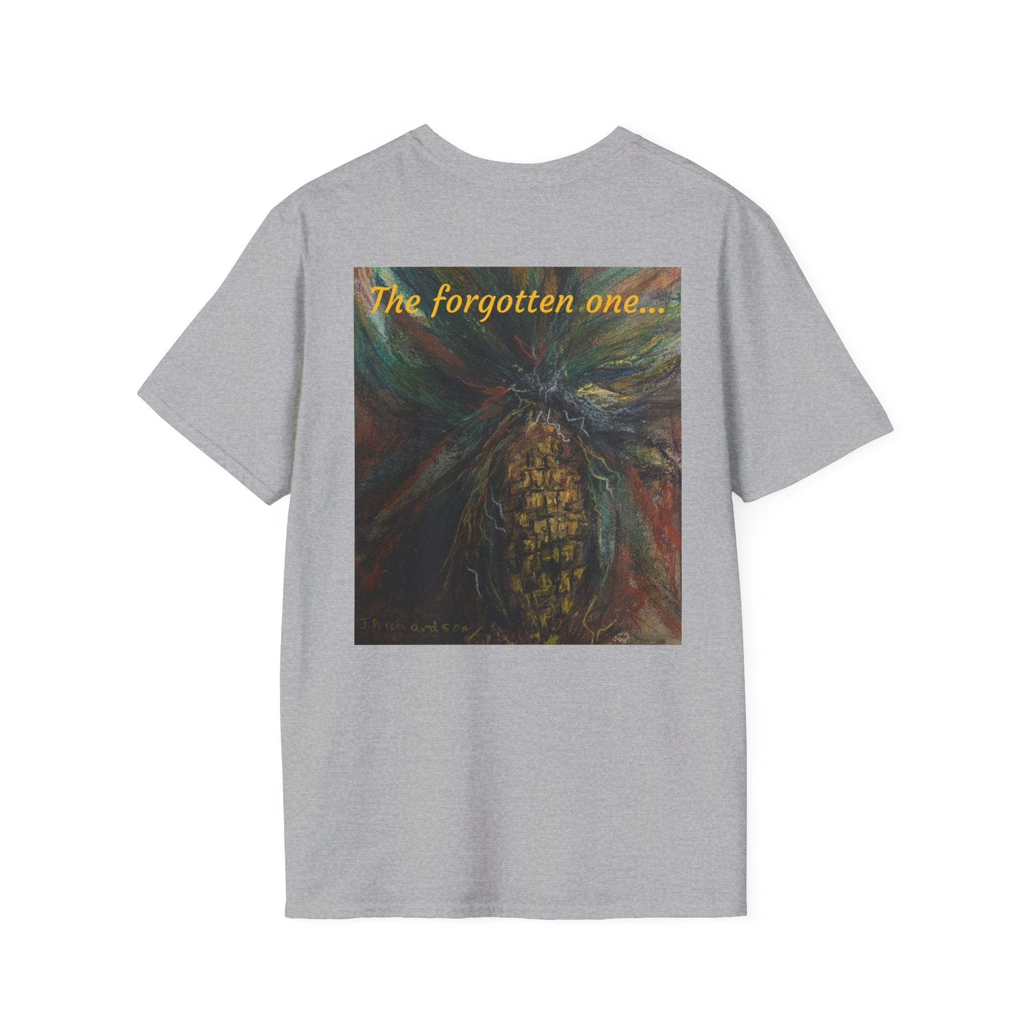 Corn Cob Back Painting T-Shirt | Minimal Small Script Chest Print