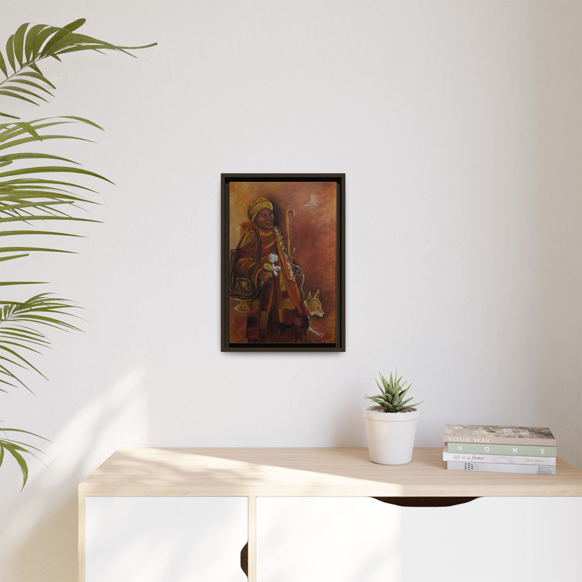Monk & Dog & Dove Matte Canvas Framed | Earth Tone Wall Art