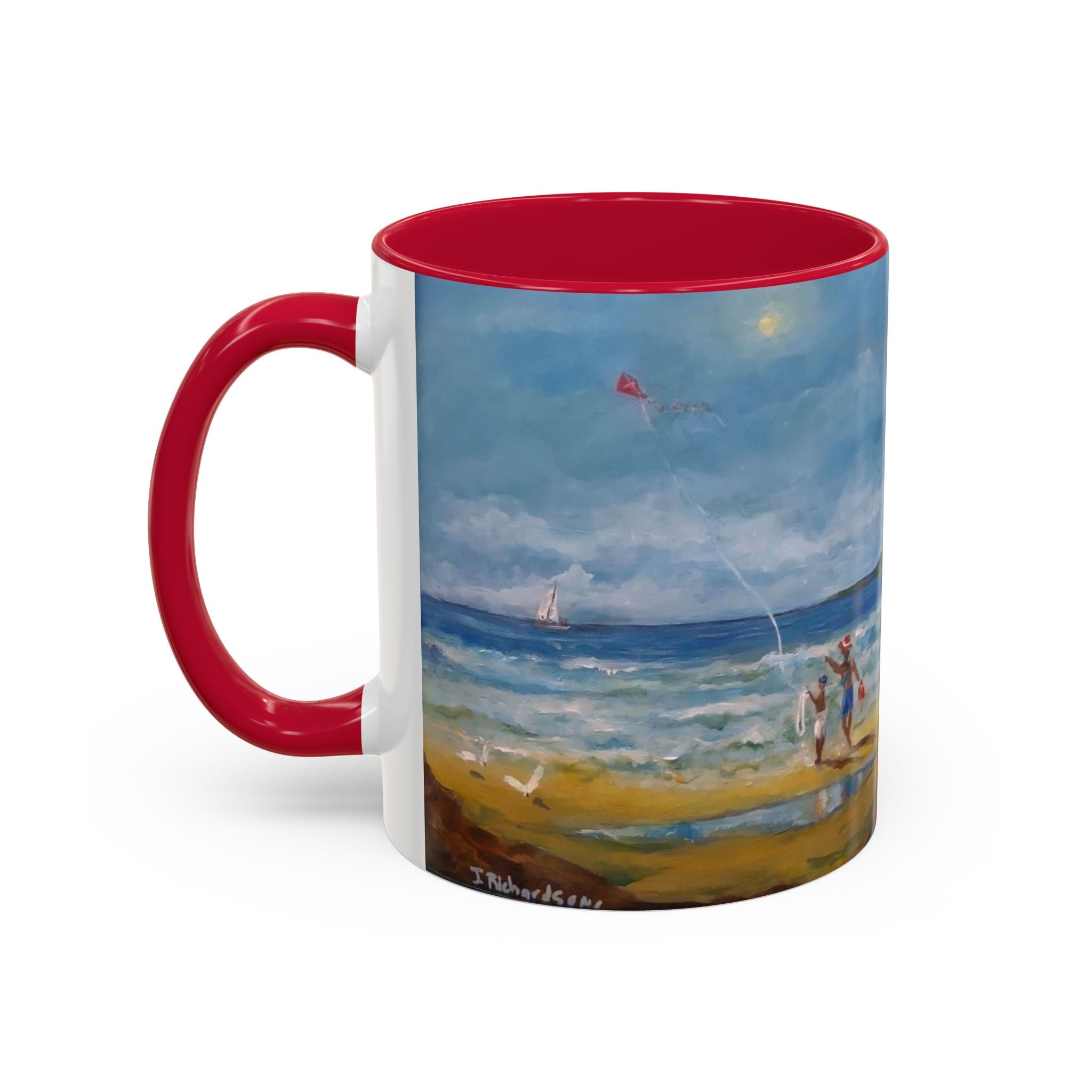 Beach & kite scene, Coffee Accent Mug - Personalize it! Colorful Ceramic Mug (11oz, 15oz)