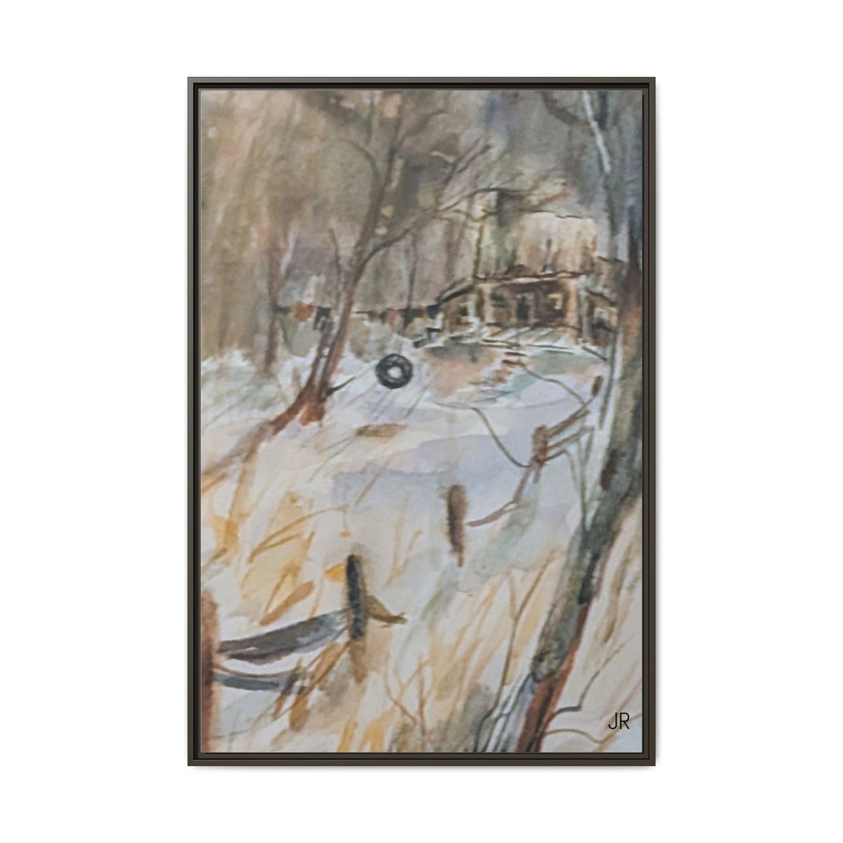 Winter Cabin Landscape Framed Canvas Print