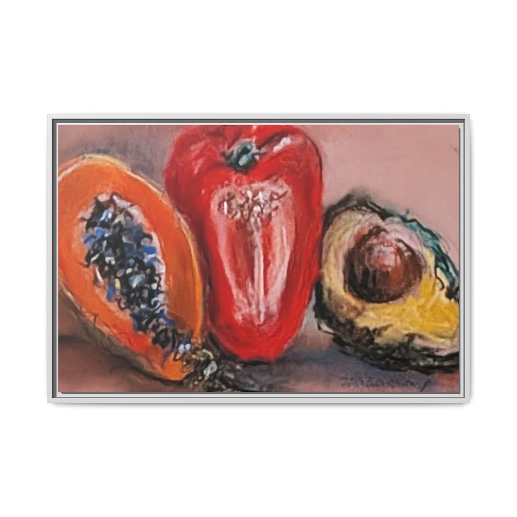 Framed Matte Canvas Art — Vibrant Still Life: Papaya, Red Pepper & Avocado