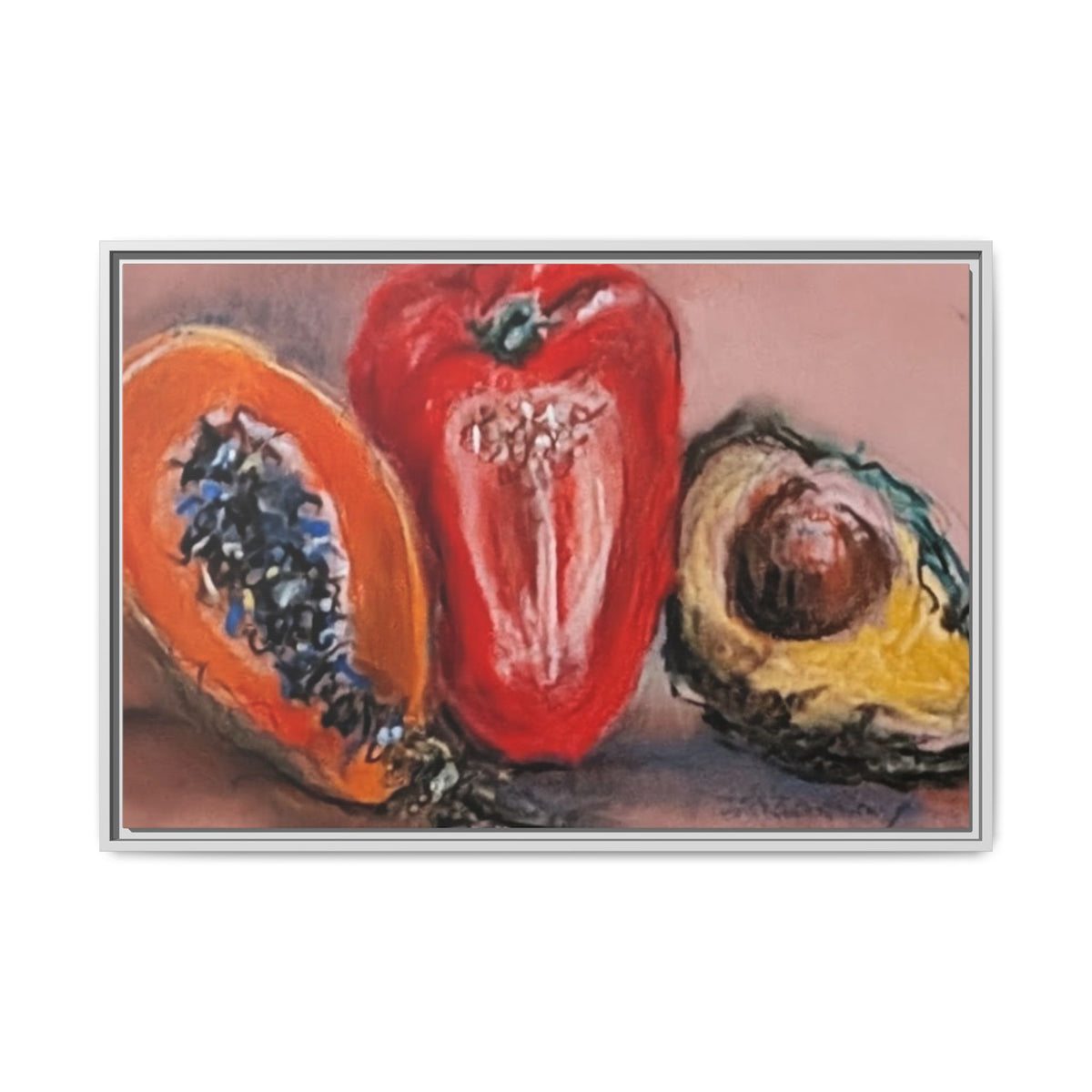 Framed Matte Canvas Art — Vibrant Still Life: Papaya, Red Pepper & Avocado
