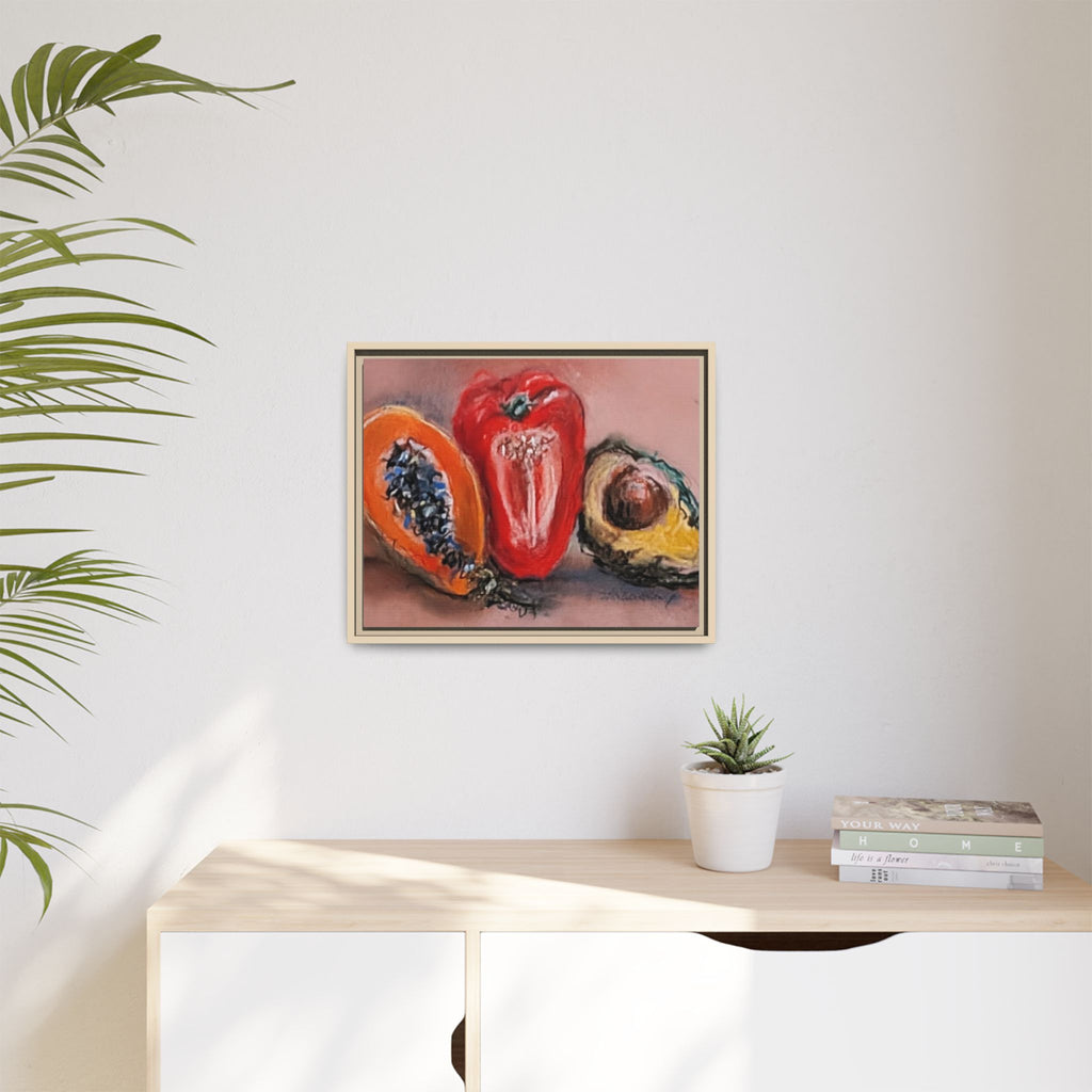 Framed Matte Canvas Art — Vibrant Still Life: Papaya, Red Pepper & Avocado