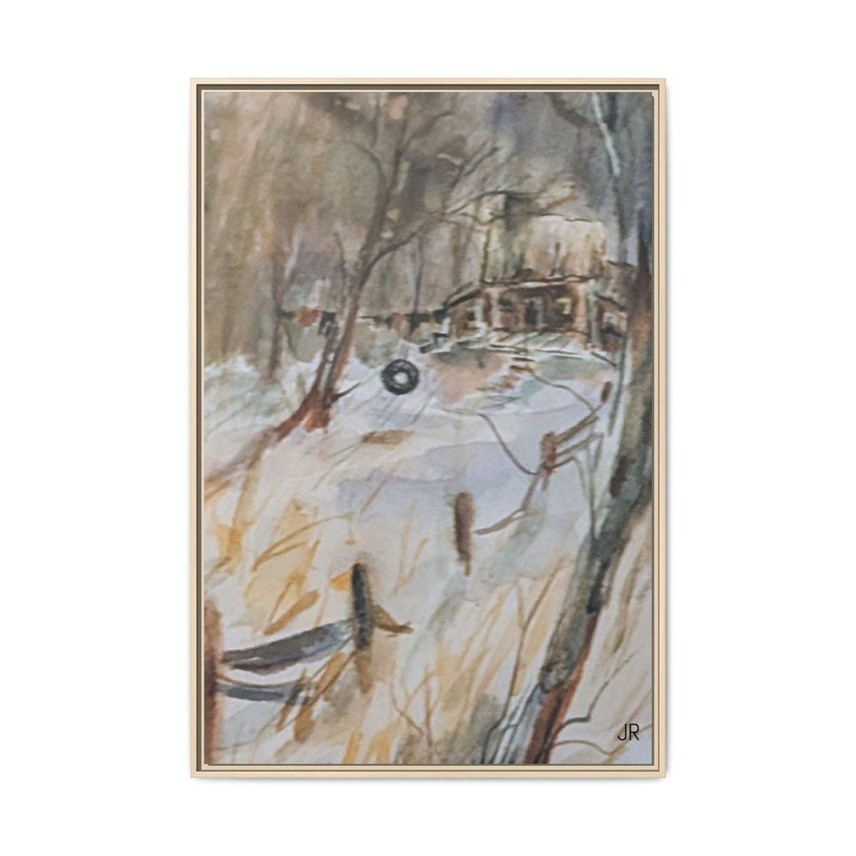 Winter Cabin Landscape Framed Canvas Print