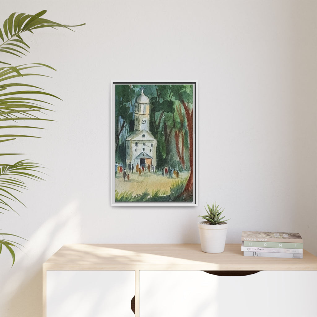 Framed Matte Canvas Print — Watercolor Church in Woodland Scene