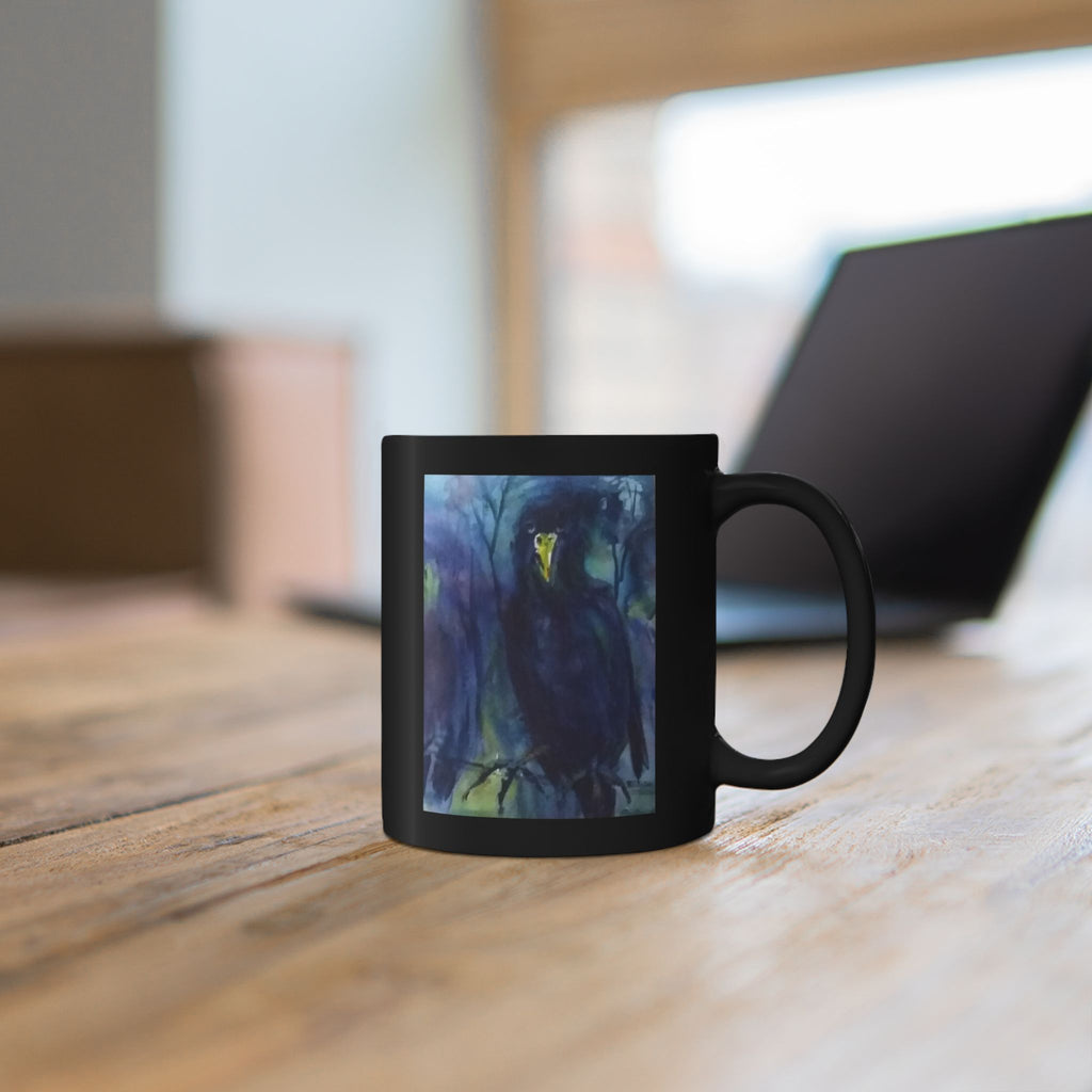Dark Raven Watercolor Black Mug | Personalizable Gothic Bird Art, Night Forest