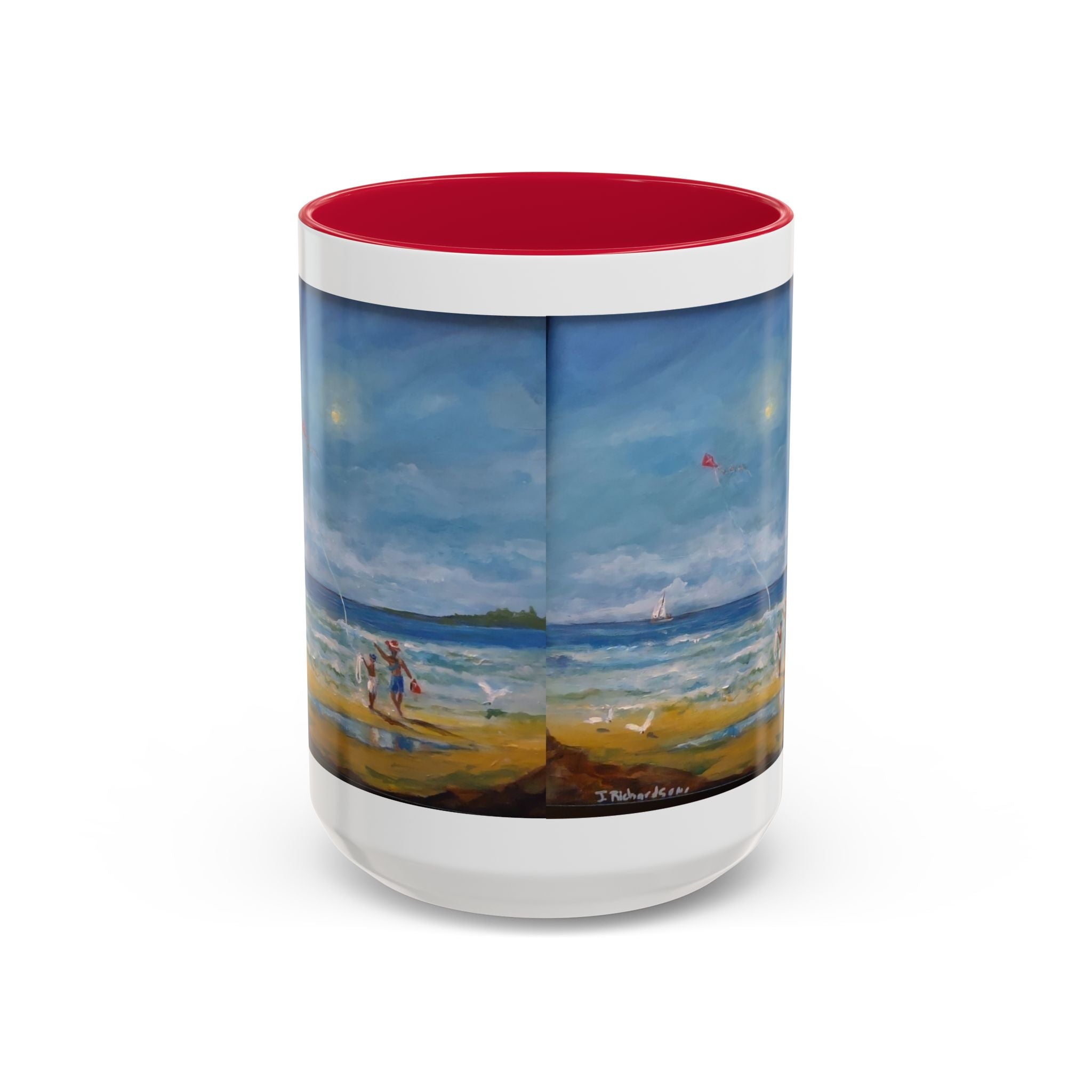 Beach & kite scene, Coffee Accent Mug - Personalize it! Colorful Ceramic Mug (11oz, 15oz)