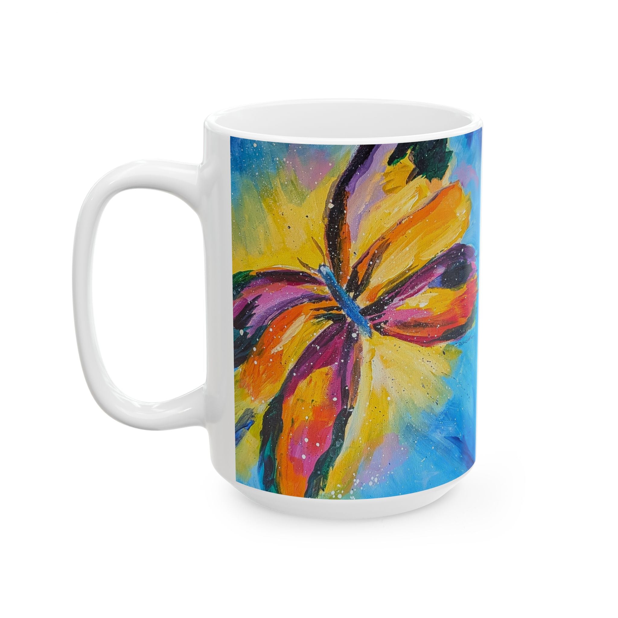 Colorful Butterfly Ceramic Mug — Vibrant Painted Flower Coffee Cup (11oz & 15oz)