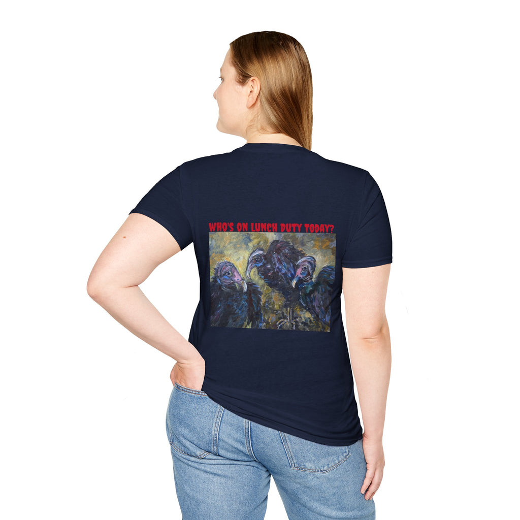 Vultures Lunch Duty back design T-Shirt | Minimal Chest Script