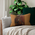 Monk Peace Walk Lumbar Pillow — Earth-Toned Folk Art Accent Cushion