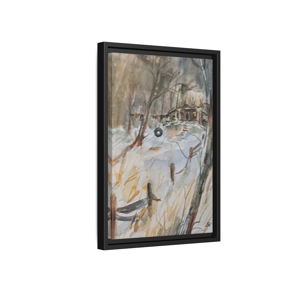 Winter Cabin Landscape Framed Canvas Print